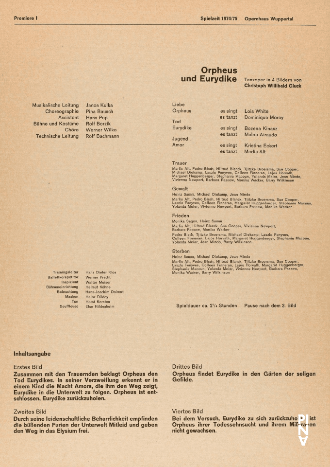 Evening leaflet for “Orpheus und Eurydike” by Pina Bausch with Tanztheater Wuppertal in in Wuppertal, May 23, 1975