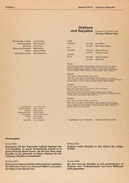 Programme pour « Orpheus und Eurydike » de Pina Bausch avec Tanztheater Wuppertal à Wuppertal, 23 mai 1975