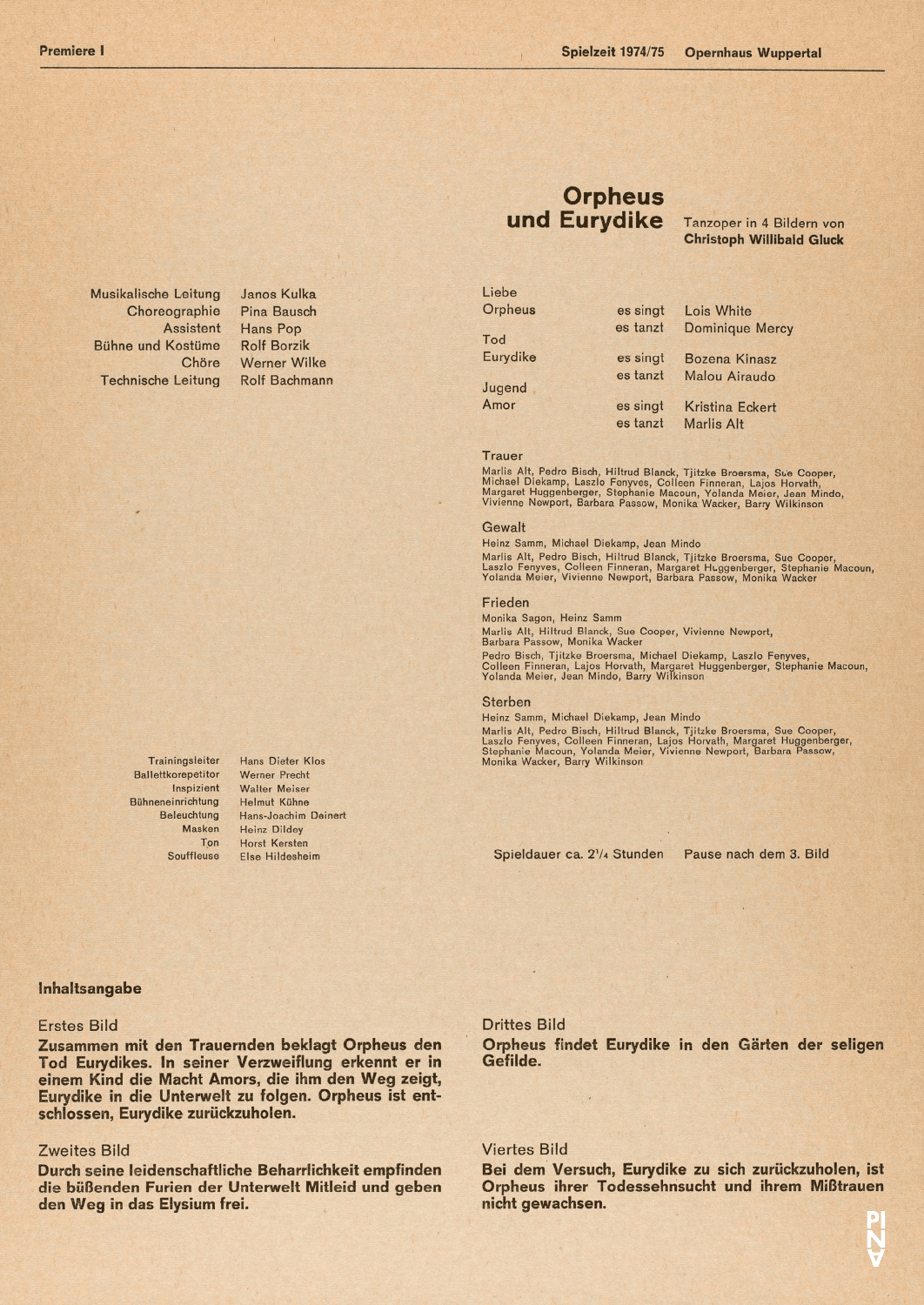 Programme pour « Orpheus und Eurydike » de Pina Bausch avec Tanztheater Wuppertal à Wuppertal, 23 mai 1975