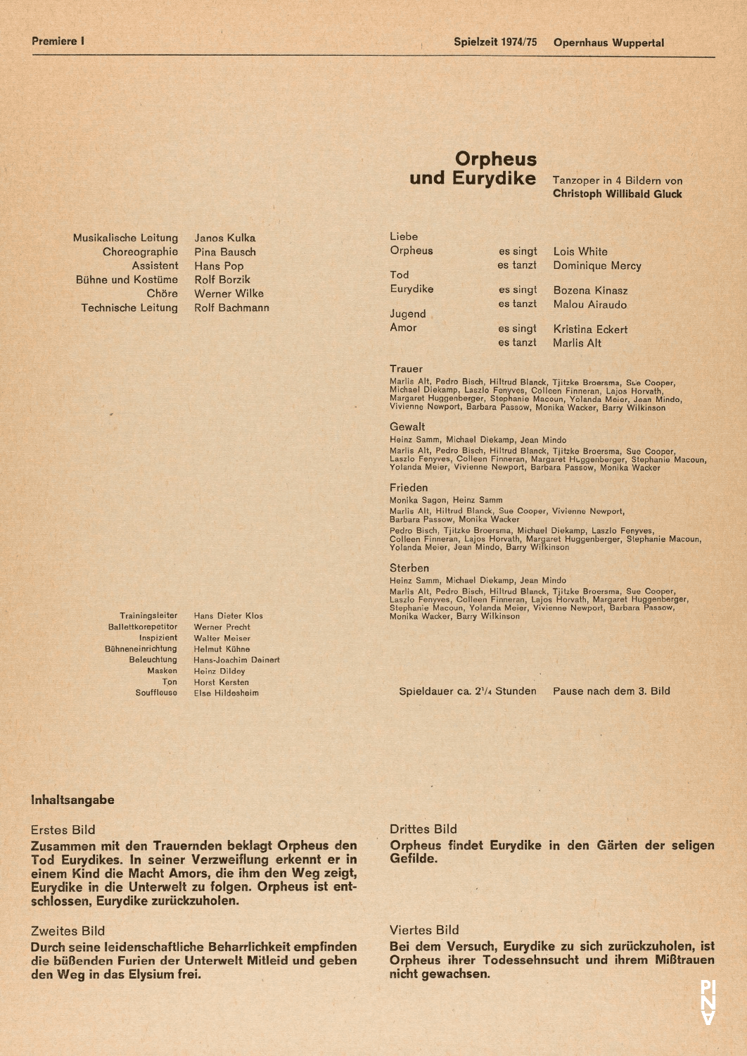 Abendzettel zu „Orpheus und Eurydike“ von Pina Bausch mit Tanztheater Wuppertal in Wuppertal, 23. Mai 1975