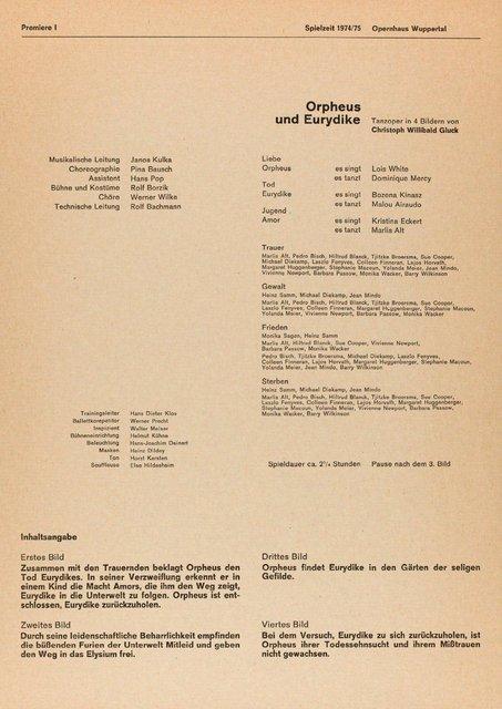 Abendzettel zu „Orpheus und Eurydike“ von Pina Bausch mit Tanztheater Wuppertal in Wuppertal, 23. Mai 1975