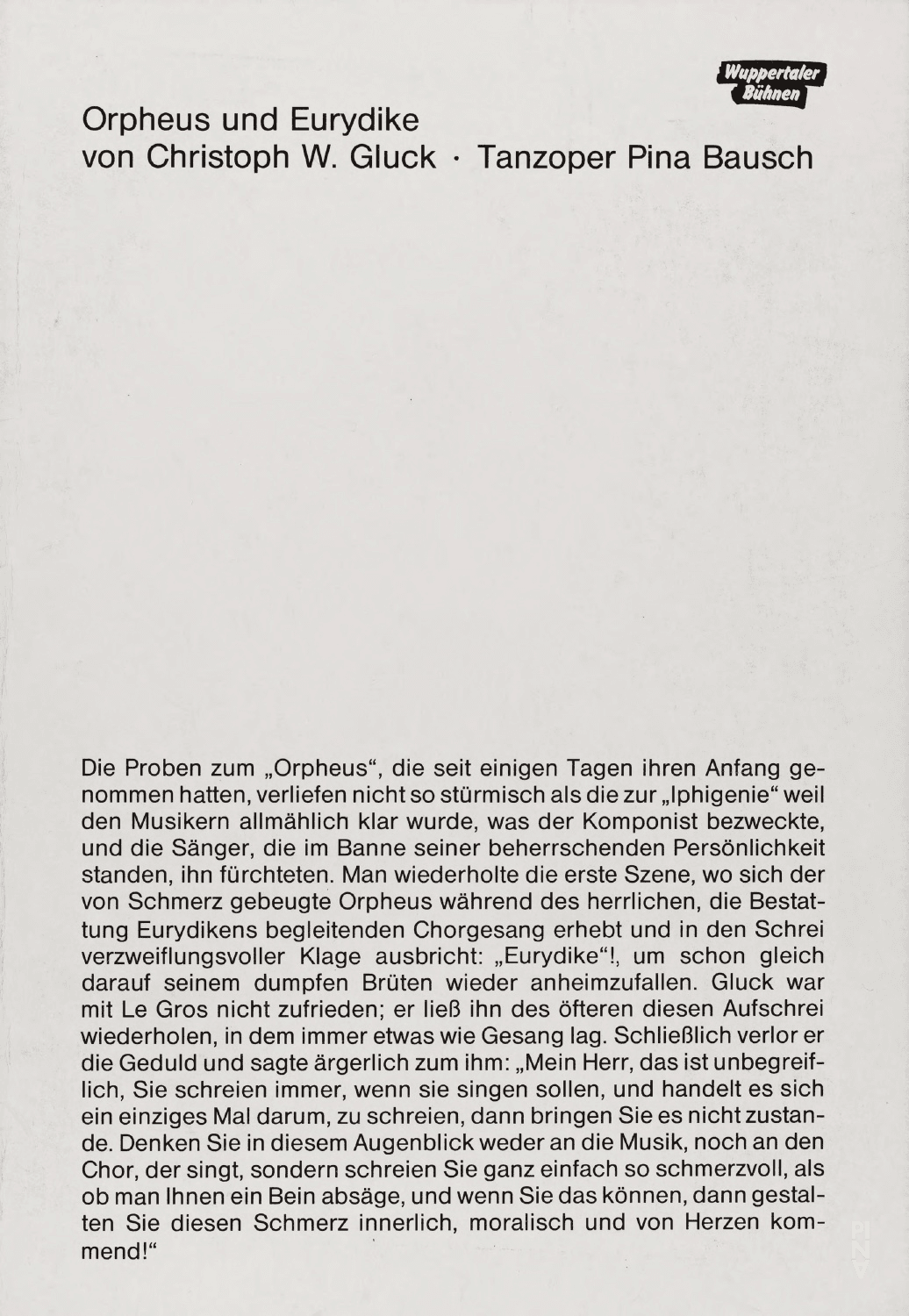 Programme pour « Orpheus und Eurydike » de Pina Bausch avec Tanztheater Wuppertal à Wuppertal, 21 décembre 1991
