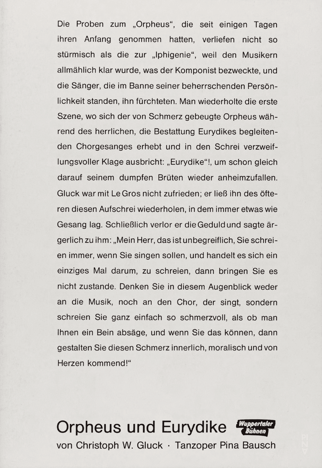Programme pour « Orpheus und Eurydike » de Pina Bausch avec Tanztheater Wuppertal à Wuppertal, 21 décembre 1991