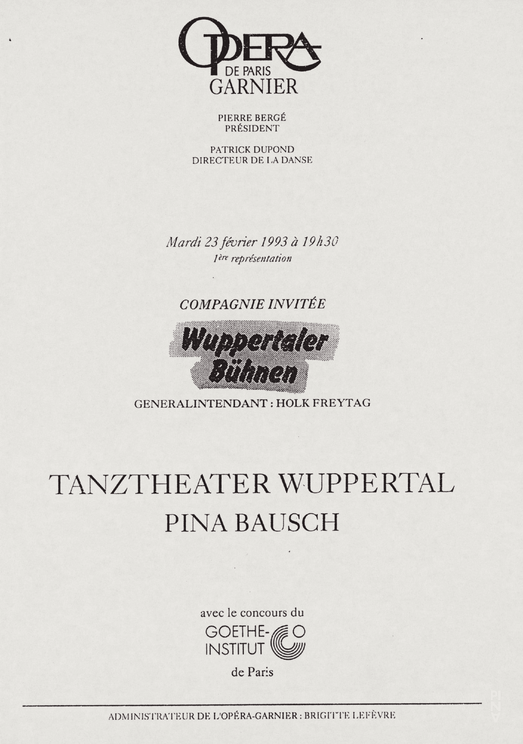 Programme pour « Orpheus und Eurydike » de Pina Bausch avec Tanztheater Wuppertal à Paris, 23 février 1993