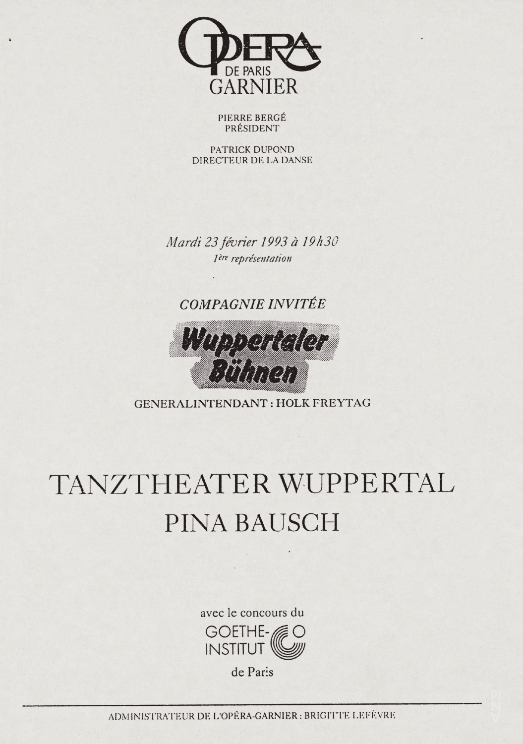 Evening leaflet for “Orpheus und Eurydike” by Pina Bausch with Tanztheater Wuppertal in in Paris, Feb. 23, 1993