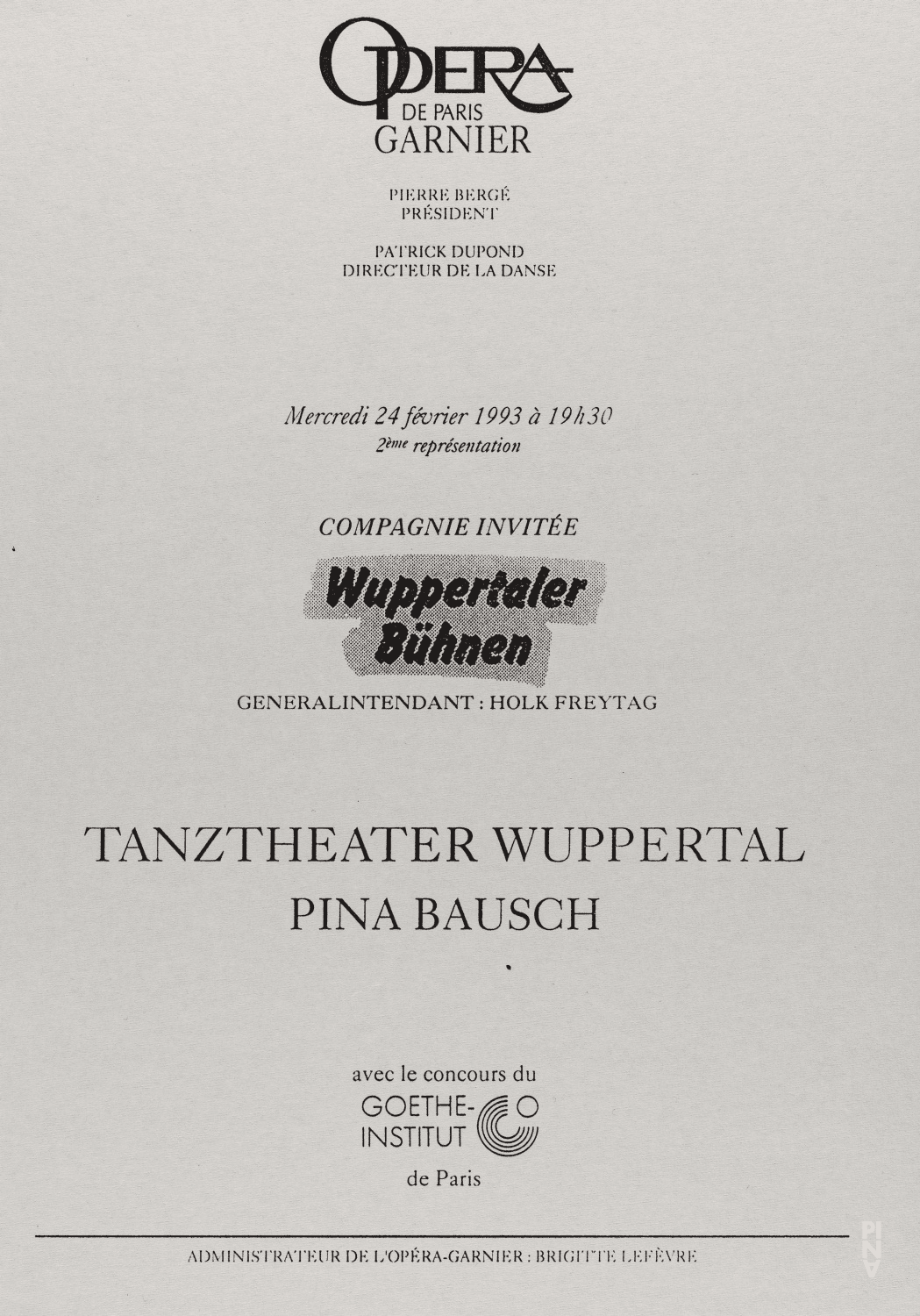 Abendzettel zu „Orpheus und Eurydike“ von Pina Bausch mit Tanztheater Wuppertal in Paris, 24. Februar 1993