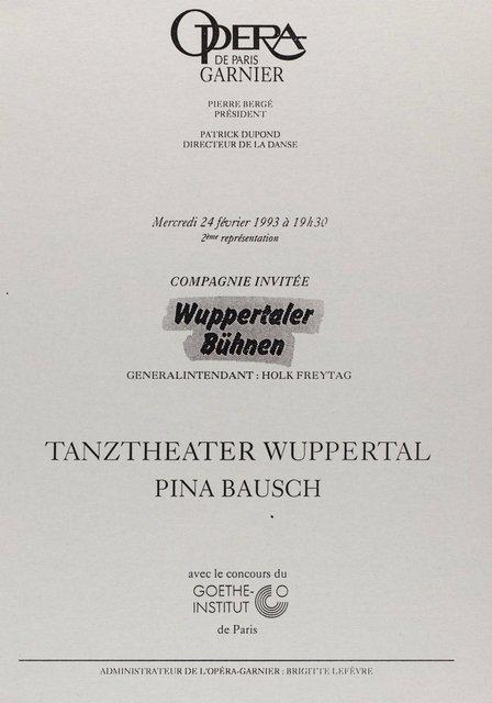 Programme pour « Orpheus und Eurydike » de Pina Bausch avec Tanztheater Wuppertal à Paris, 24 février 1993