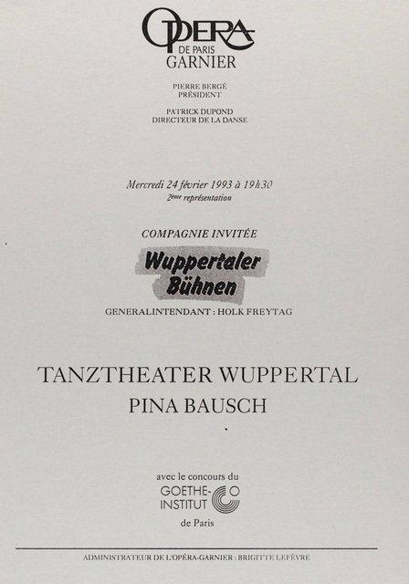 Programme pour « Orpheus und Eurydike » de Pina Bausch avec Tanztheater Wuppertal à Paris, 24 février 1993