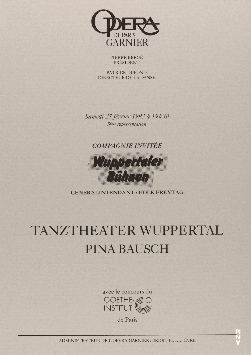 Programme pour « Orpheus und Eurydike » de Pina Bausch avec Tanztheater Wuppertal à Paris, 27 février 1993