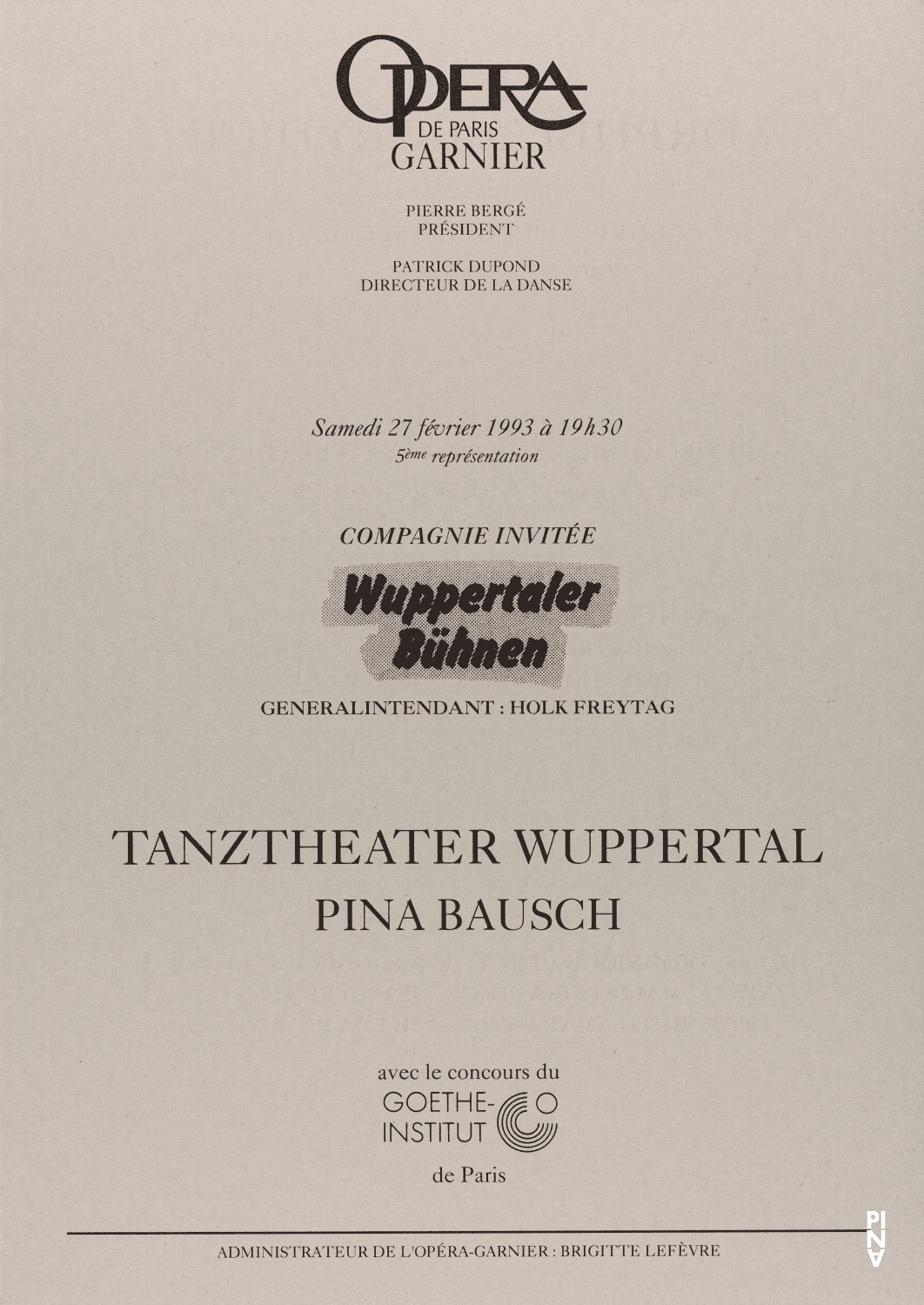 Abendzettel zu „Orpheus und Eurydike“ von Pina Bausch mit Tanztheater Wuppertal in Paris, 27. Februar 1993