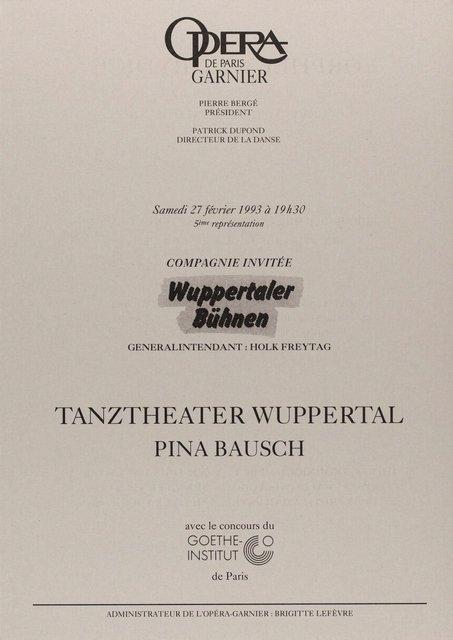 Programme pour « Orpheus und Eurydike » de Pina Bausch avec Tanztheater Wuppertal à Paris, 27 février 1993