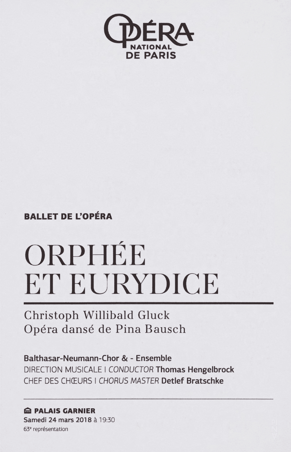 Abendzettel zu „Orpheus und Eurydike“ von Pina Bausch in Paris, 24. März 2018