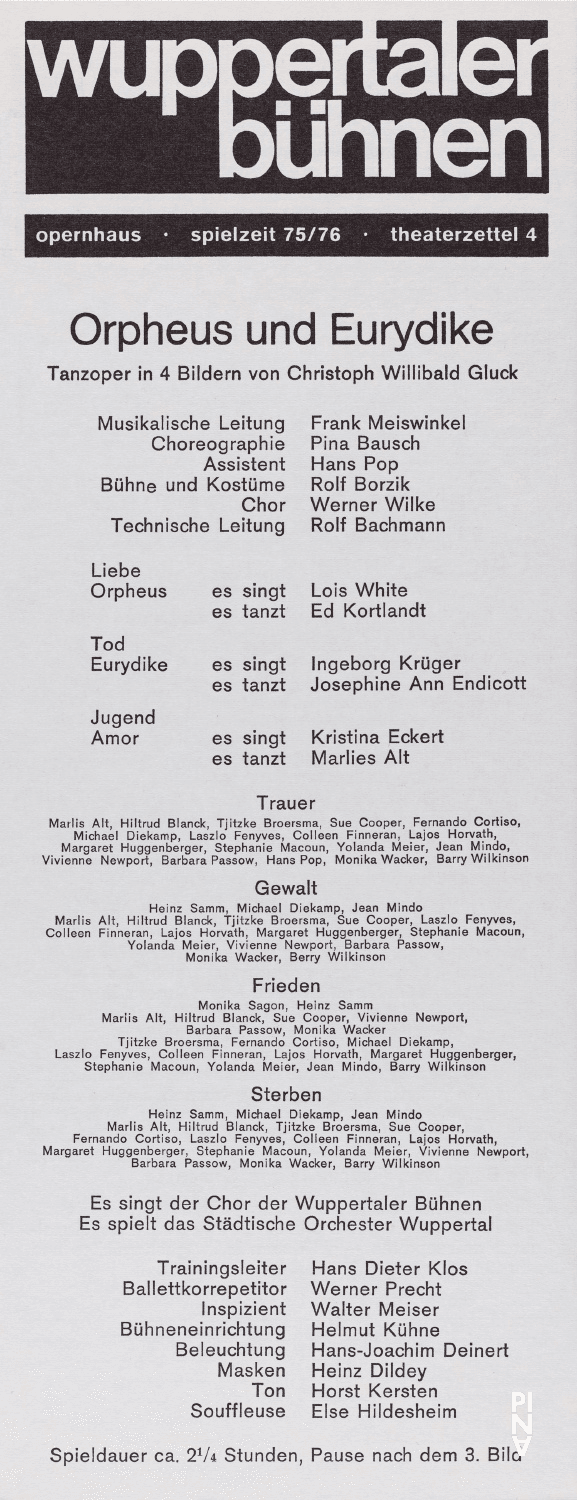 Abendzettel zu „Orpheus und Eurydike“ von Pina Bausch in Wuppertal, Spielzeit 1975/76