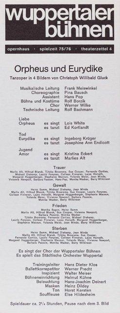 Evening leaflet for “Orpheus und Eurydike” by Pina Bausch in in Wuppertal, season 1975/76