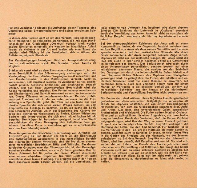 Programme for “Orpheus und Eurydike” by Pina Bausch with Tanztheater Wuppertal in Wuppertal, May 23, 1975