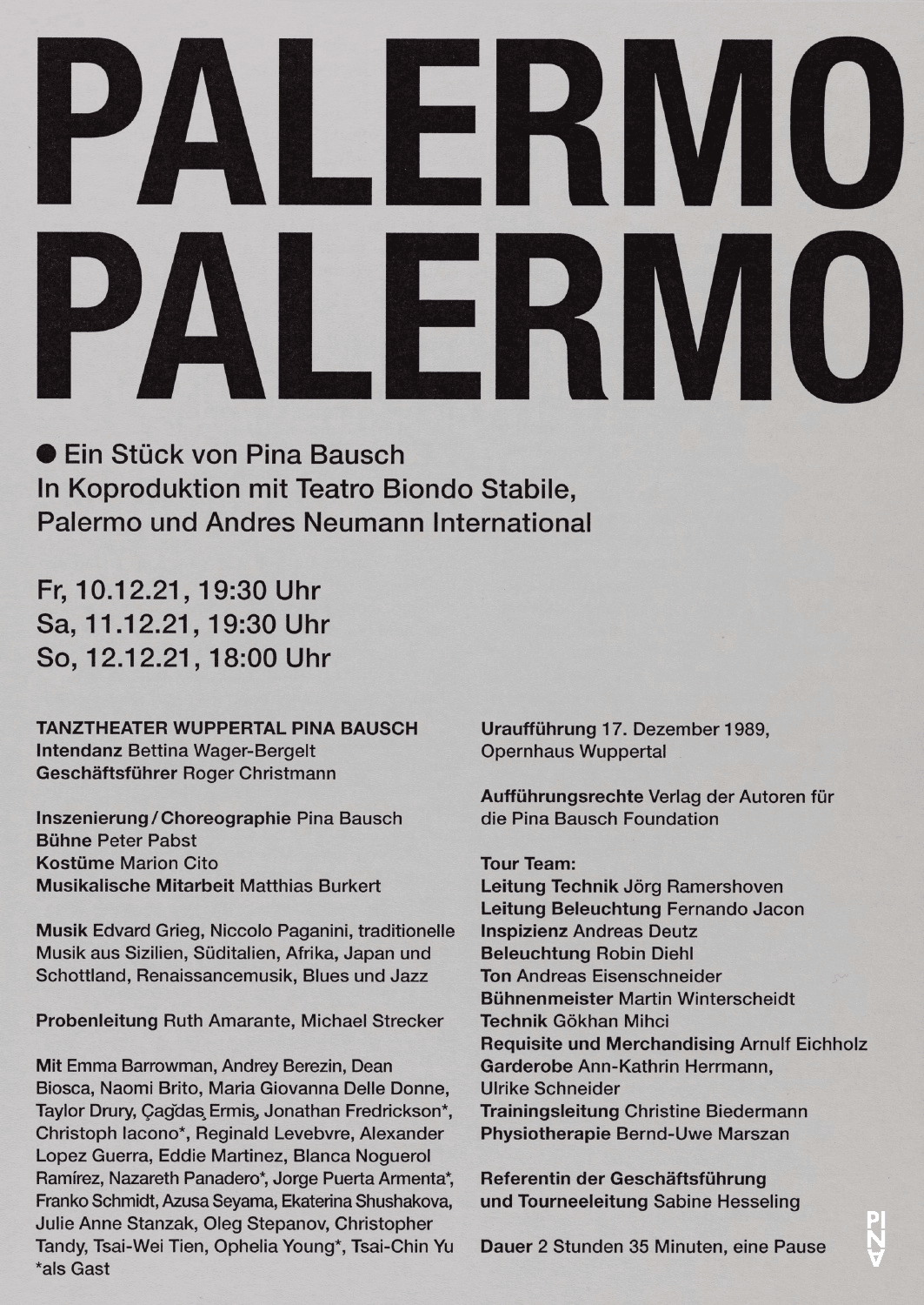 Abendzettel zu „Palermo Palermo“ von Pina Bausch mit Tanztheater Wuppertal in Ludwigshafen, 10.12.2021–12.12.2021