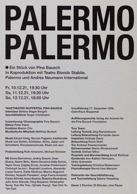 Abendzettel zu „Palermo Palermo“ von Pina Bausch mit Tanztheater Wuppertal in Ludwigshafen, 10.12.2021–12.12.2021