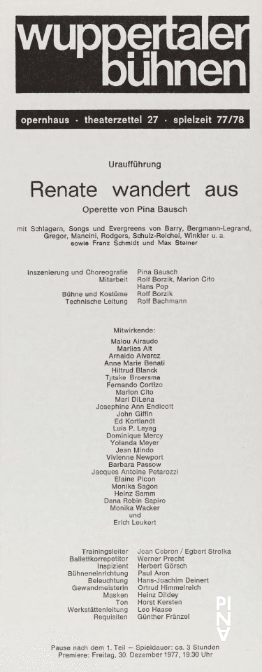 Abendzettel zu „Renate wandert aus“ von Pina Bausch mit Tanztheater Wuppertal in Wuppertal, 30. Dezember 1977
