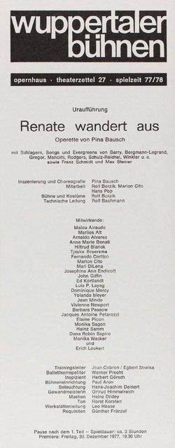 Evening leaflet for “Renate wandert aus (Renate Emigrates)” by Pina Bausch with Tanztheater Wuppertal in in Wuppertal, Dec. 30, 1977