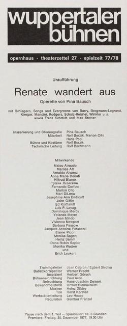 Abendzettel zu „Renate wandert aus“ von Pina Bausch mit Tanztheater Wuppertal in Wuppertal, 30. Dezember 1977