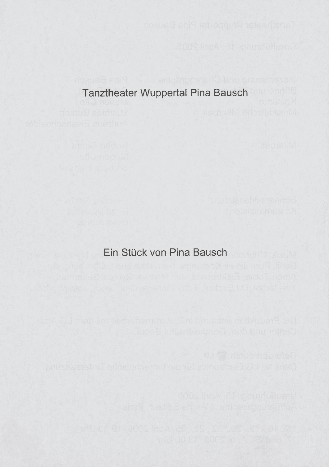 Evening leaflet for “Rough Cut” by Pina Bausch with Tanztheater Wuppertal in in Wuppertal, 04/15/2005 – 04/25/2005
