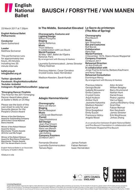 Abendzettel zu „Das Frühlingsopfer“ von Pina Bausch mit English National Ballet (ENB) in London, 23. März 2017