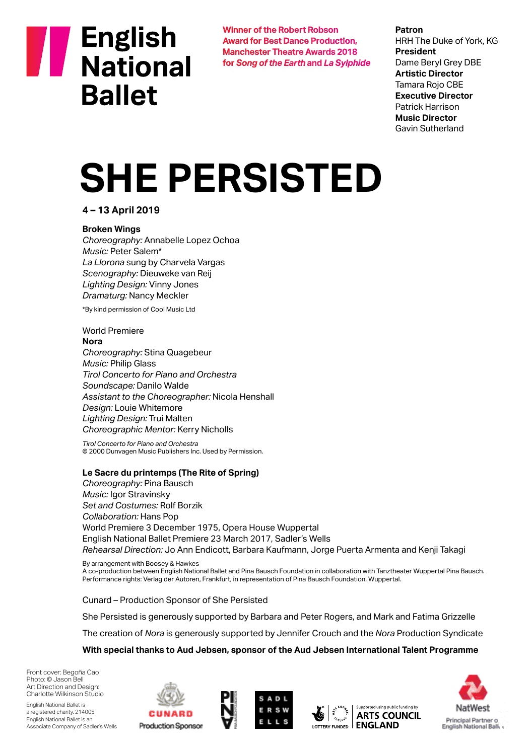 Programme pour « Le Sacre du printemps » de Pina Bausch avec English National Ballet (ENB) à Londres, 3 avr. 2019 – 13 avr. 2019