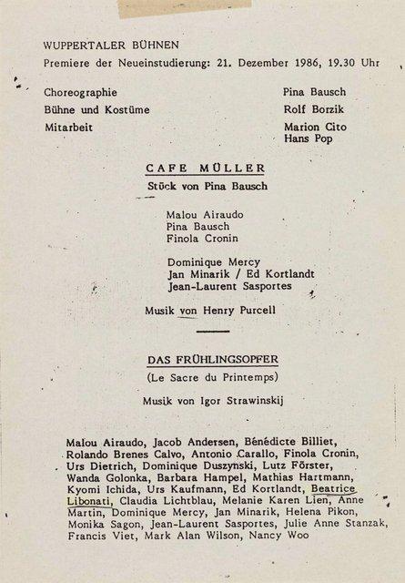 Abendzettel zu „Café Müller“ und „Das Frühlingsopfer“ von Pina Bausch mit Tanztheater Wuppertal in Wuppertal, 21. Dezember 1986