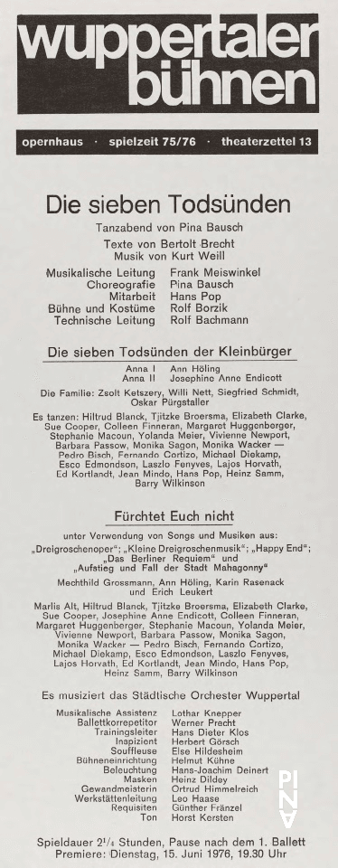 Abendzettel zu „Die sieben Todsünden“ von Pina Bausch mit Sinfonieorchester Wuppertal und Tanztheater Wuppertal in Wuppertal, 15. Juni 1976