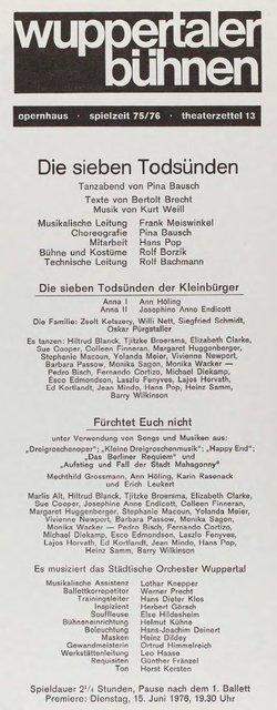 Abendzettel zu „Die sieben Todsünden“ von Pina Bausch mit Tanztheater Wuppertal in Wuppertal, 15. Juni 1976