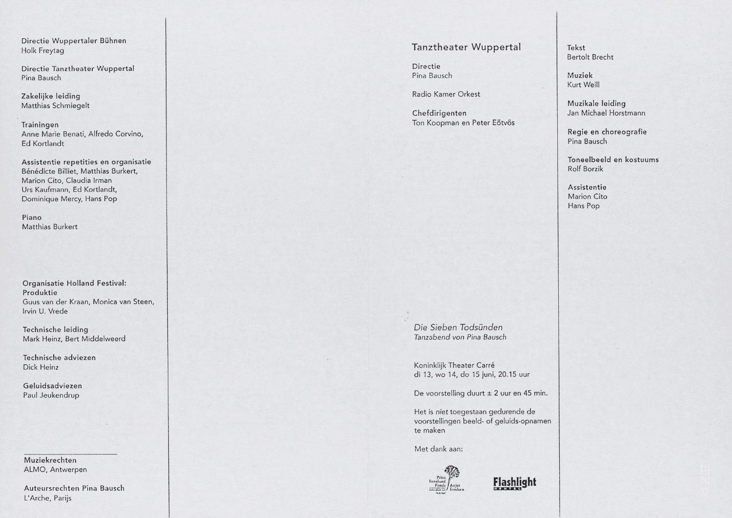 Abendzettel zu „Die sieben Todsünden“ von Pina Bausch mit Tanztheater Wuppertal in Amsterdam, 13.06.1995–15.06.1995