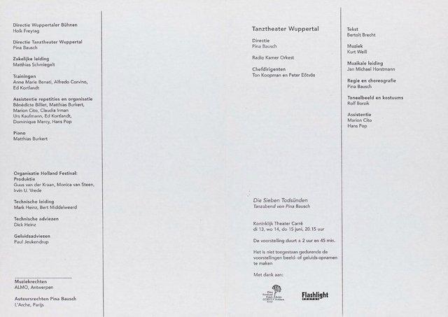 Programme pour « Les Sept Péchés capitaux » de Pina Bausch avec Tanztheater Wuppertal à Amsterdam, 13 juin 1995 – 15 juin 1995