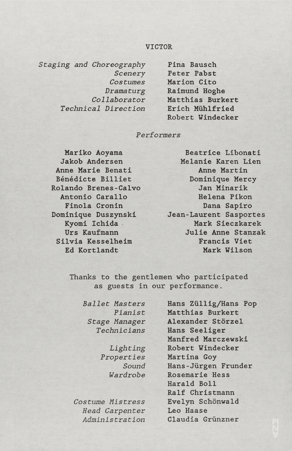 Programme pour « Viktor » de Pina Bausch avec Tanztheater Wuppertal à New York, 27 juin 1988 – 3 juil. 1988