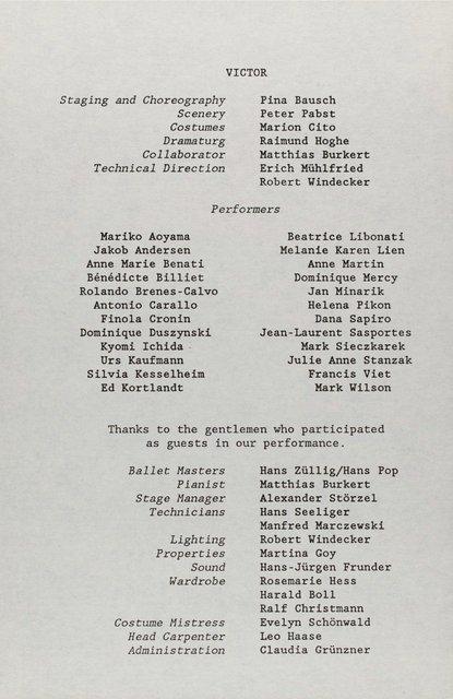 Abendzettel zu „Viktor“ von Pina Bausch mit Tanztheater Wuppertal in New York, 27.06.1988–03.07.1988
