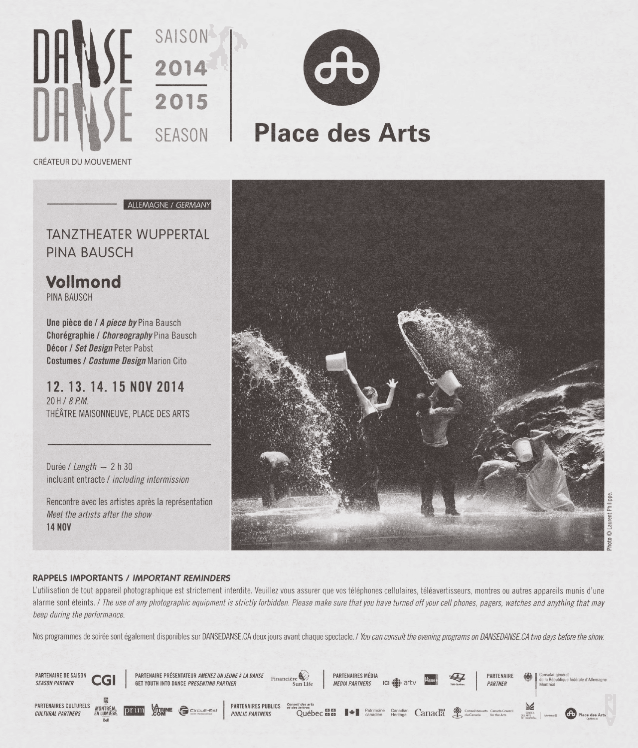 Booklet for “Vollmond (Full Moon)” by Pina Bausch with Tanztheater Wuppertal in in Montreal, 11/12/2014 – 11/15/2014