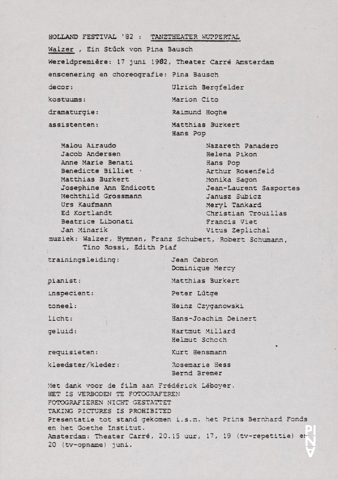 Abendzettel zu „Walzer“ von Pina Bausch mit Tanztheater Wuppertal in Amsterdam, 17.06.1982–20.06.1982