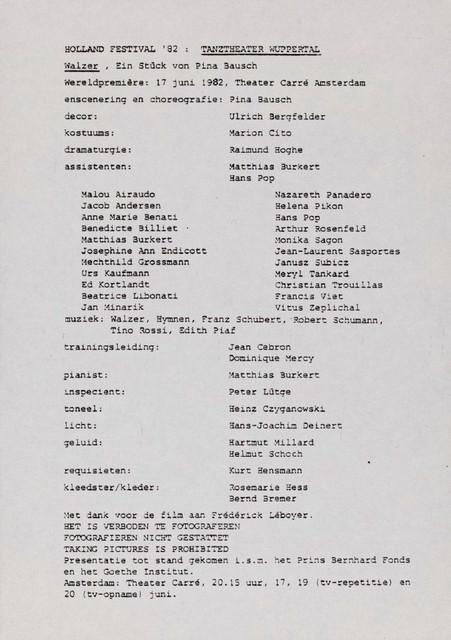 Evening leaflet for “Walzer” by Pina Bausch in in Amsterdam, 06/17/1982 – 06/20/1982