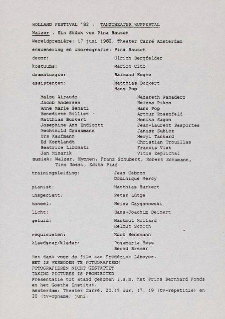 Evening leaflet for “Walzer” by Pina Bausch with Tanztheater Wuppertal in in Amsterdam, 06/17/1982 – 06/20/1982
