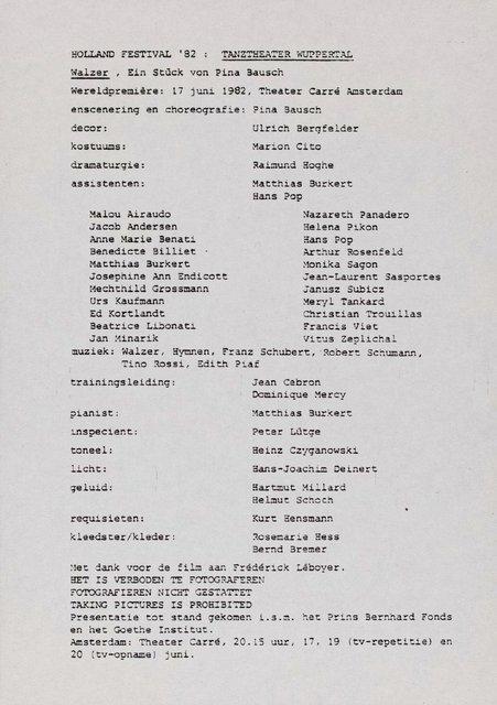 Programme pour « Walzer » de Pina Bausch avec Tanztheater Wuppertal à Amsterdam, 17 juin 1982 – 20 juin 1982