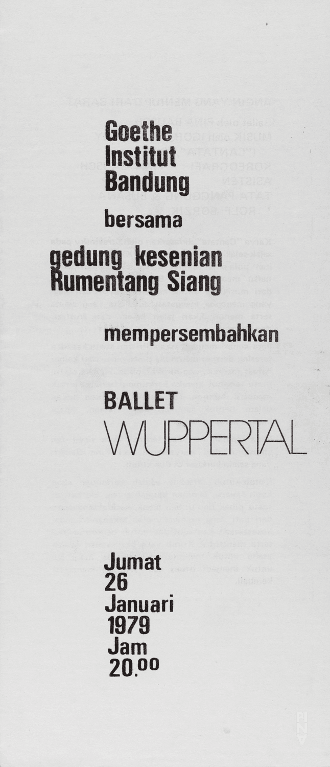 Programmheft zu „Der zweite Frühling“, „Das Frühlingsopfer“ und „Wind von West“ von Pina Bausch mit Tanztheater Wuppertal in Jakarta, 26. Januar 1979